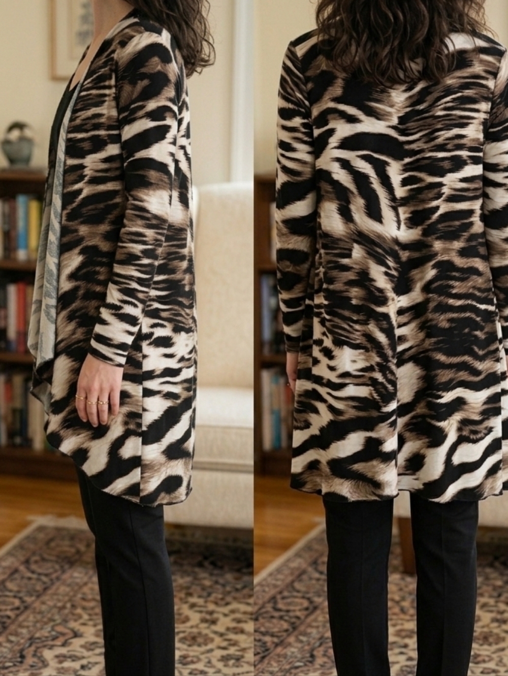 Carmen Marc Valvo Black & Brown Animal Print Open-Front Cardigan - Picture 2 of 5